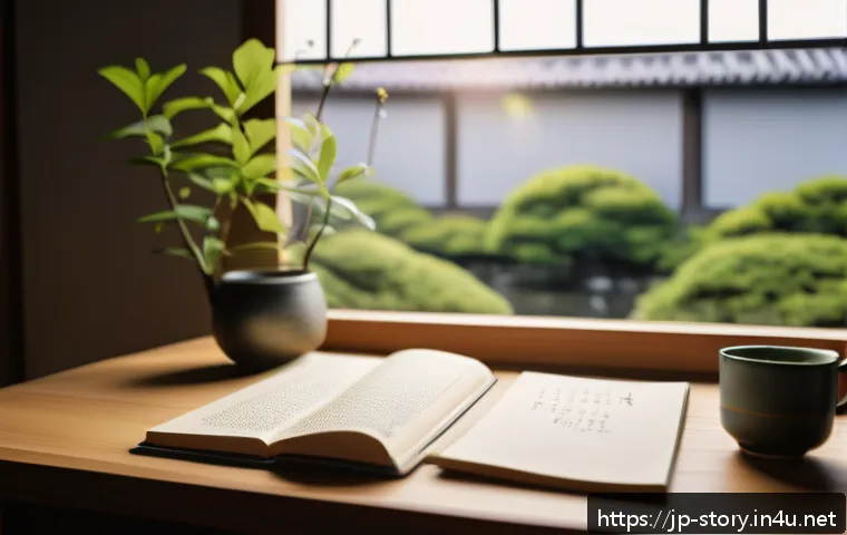 스토리텔러가 주목해야 할 콘텐츠 창작 툴 - A cozy Japanese writing nook with a minimalist desk near a window showing a calm urban morning scene...