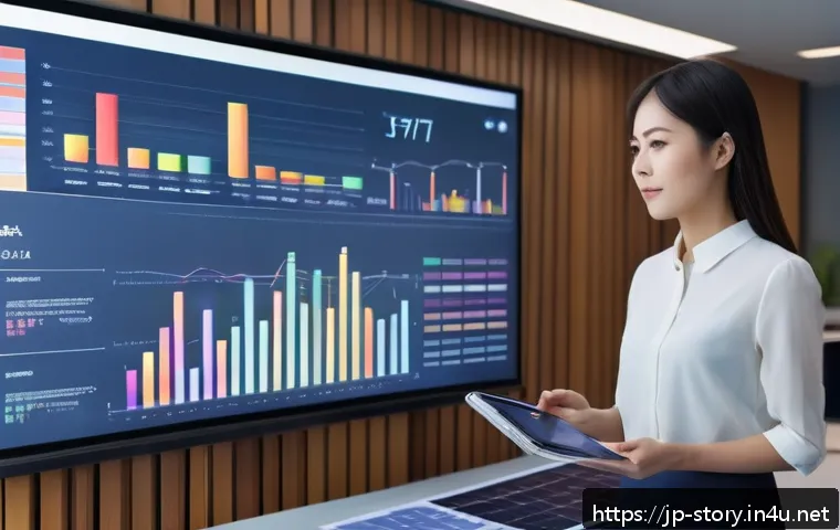 스토리텔러와 데이터 기반 이야기 제작 - A modern Japanese office scene with a young professional woman presenting an interactive sales repor...