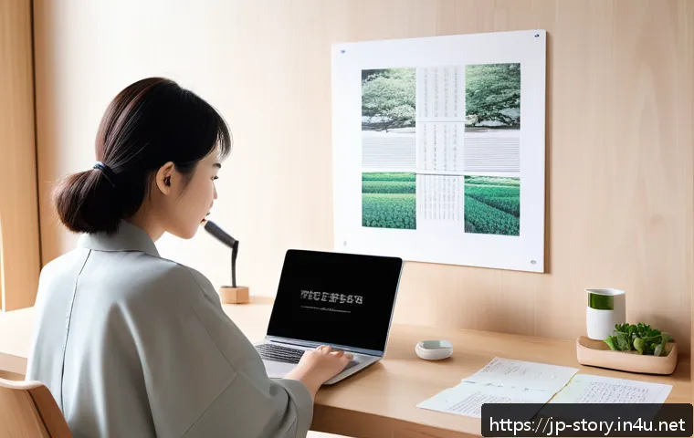 스토리텔러 관련 직업의 다양한 이야기 제작 방법과 사례 - A serene Japanese modern workspace featuring a young Japanese woman in casual contemporary clothing,...