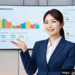 스토리텔러가 만드는 스토리의 핵심 요소 - A modern Japanese business presentation scene in a sleek conference room, featuring a professional w...