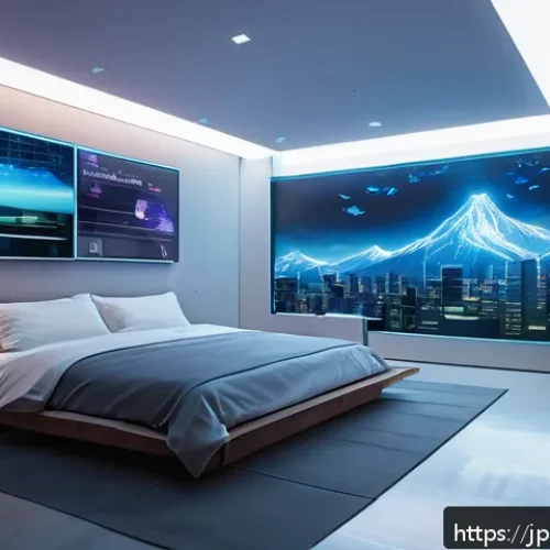 스토리텔러가 주목해야 할 최신 기술 - A futuristic writer's studio bathed in soft neon light, featuring a sleek holographic screen display...