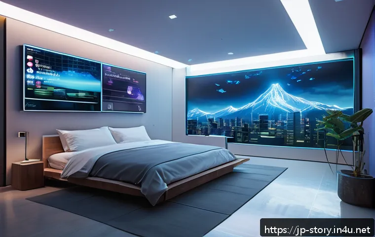 스토리텔러가 주목해야 할 최신 기술 - A futuristic writer's studio bathed in soft neon light, featuring a sleek holographic screen display...