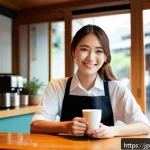 스토리텔러로서 창의성을 높이는 연습 - A cozy Japanese caf&eacute; scene during a rainy afternoon, featuring a young woman in casual modern clothe...