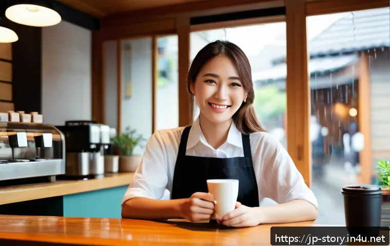 스토리텔러로서 창의성을 높이는 연습 - A cozy Japanese caf&eacute; scene during a rainy afternoon, featuring a young woman in casual modern clothe...
