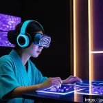 스토리텔러 관련 산업 트렌드 요약 - A futuristic digital storytelling studio filled with holographic screens and AI assistants helping a...