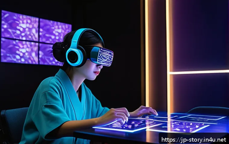 스토리텔러 관련 산업 트렌드 요약 - A futuristic digital storytelling studio filled with holographic screens and AI assistants helping a...