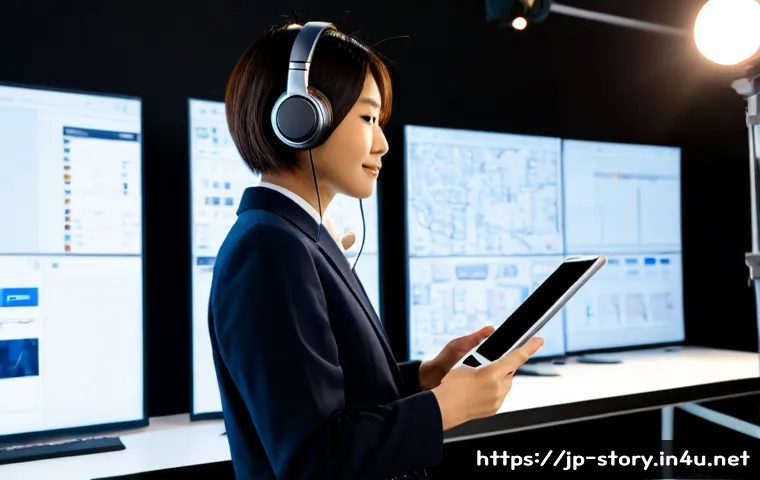 스토리텔러 관련 직업의 성장 전망과 기술적 요구 - Photorealistic modern storytelling professional in a bright Tokyo-inspired creative studio, a divers...