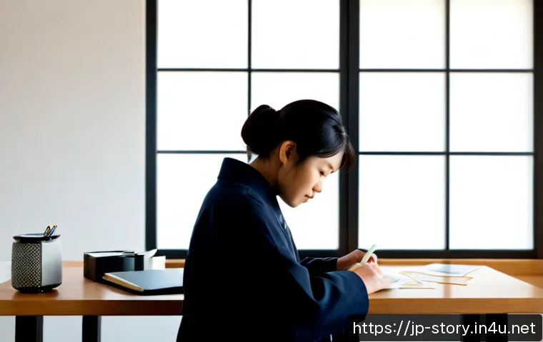 스토리텔러 직무에서의 스토리 제작 능력 향상법 - Photorealistic Japanese storyteller in a calm modern workspace, arranging illustrated story beats as...