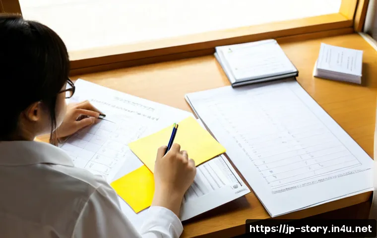 스토리텔러 필기 시험 기출 문제 분석 - Photorealistic overhead view of a Japanese adult learner at a neat wooden desk, carefully comparing ...