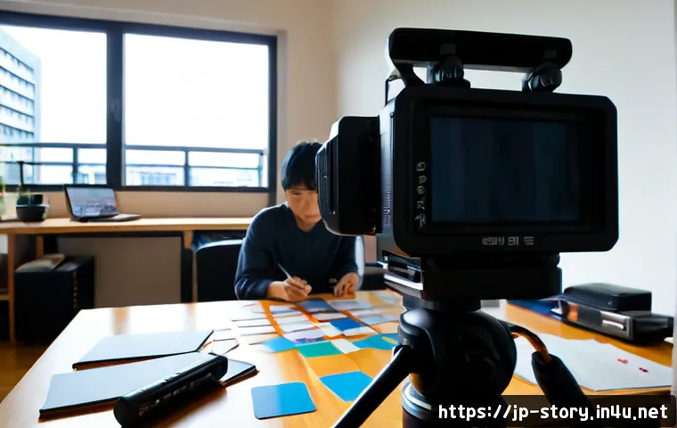 스토리텔러 관련 콘텐츠 제작 전략 - Photorealistic content strategy workspace in a modern Tokyo apartment, Japanese storyteller reviewin...