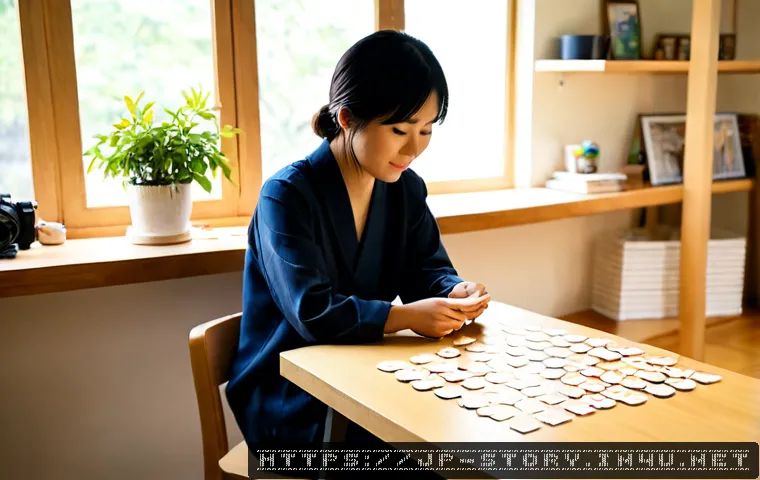 스토리텔러의 창의적 문제 해결 사례 - Photorealistic Japanese storyteller in a warm contemporary studio, arranging blank illustrated story...